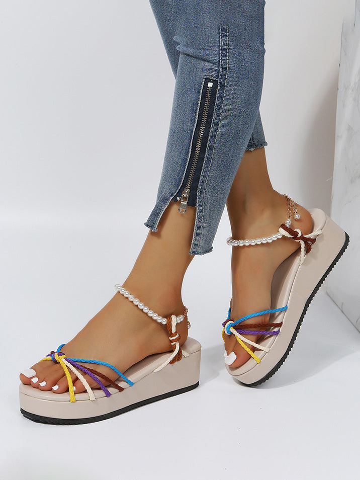 Colorblock Casual Pearl Buckle Sandals