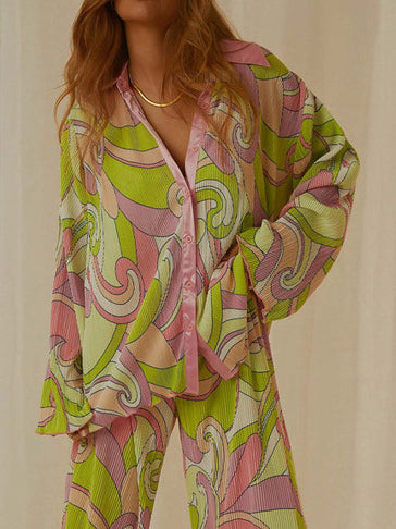 Unique Painted Print Pleated Loose Shirt