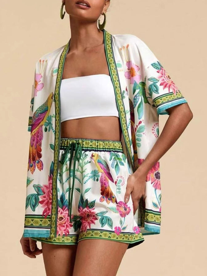 Casual Fresh Floral Print Cardigan Short Sleeve Two-Piece Set