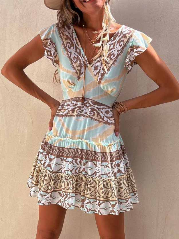 Casual Bohemian Print V Neck Mini Dress