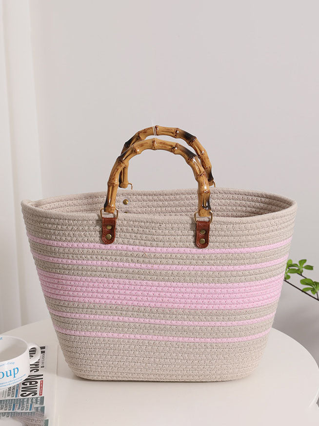 Bamboo Retro Straw Bag Striped Woven Handheld Beach Bag