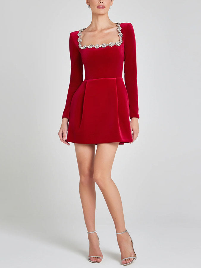 Elegant Square Neck Crystal Embellished Mini Dress