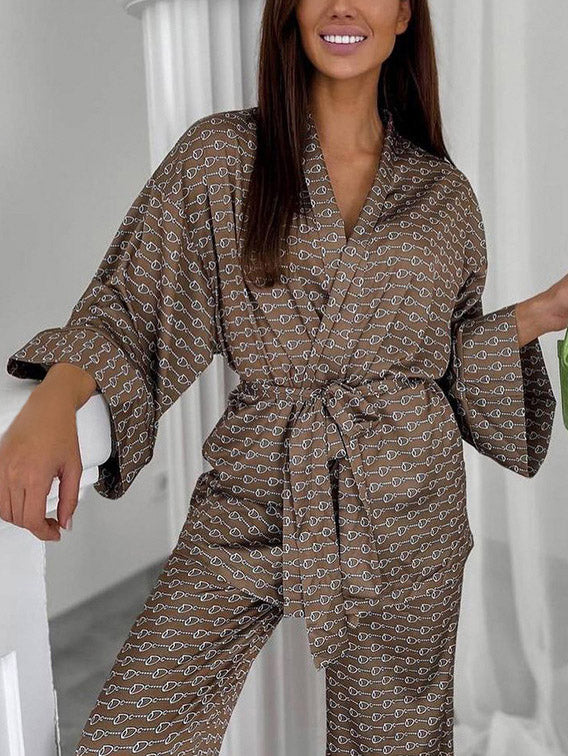 Loose Printed Cardigan Robe Home Wear Set