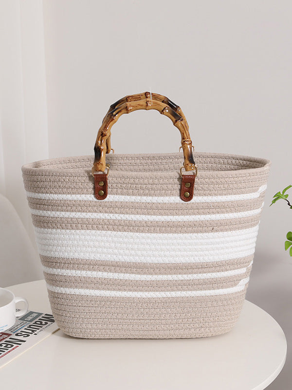 Bamboo Retro Straw Bag Striped Woven Handheld Beach Bag