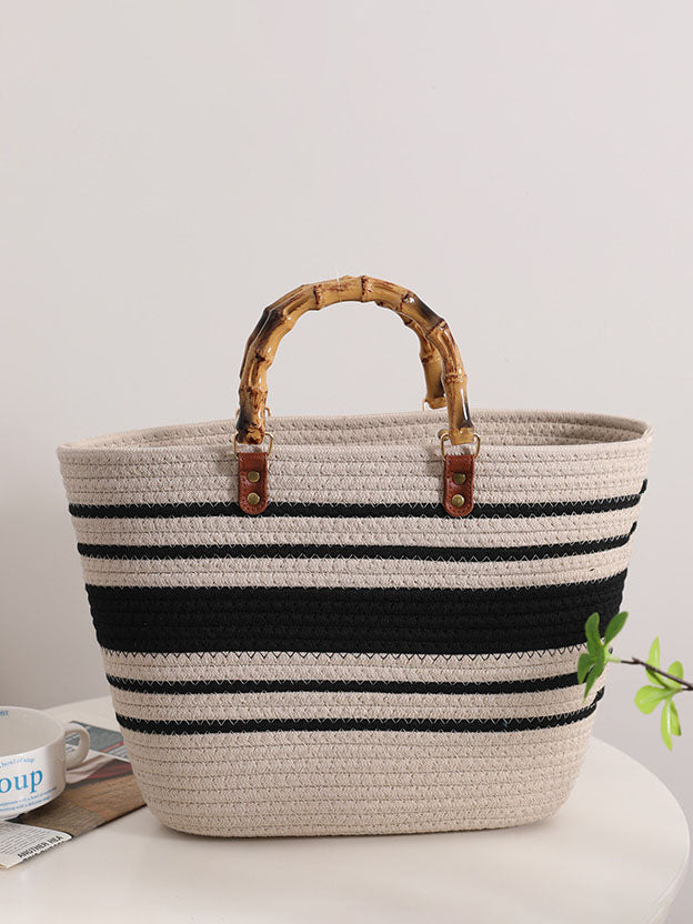 Bamboo Retro Straw Bag Striped Woven Handheld Beach Bag