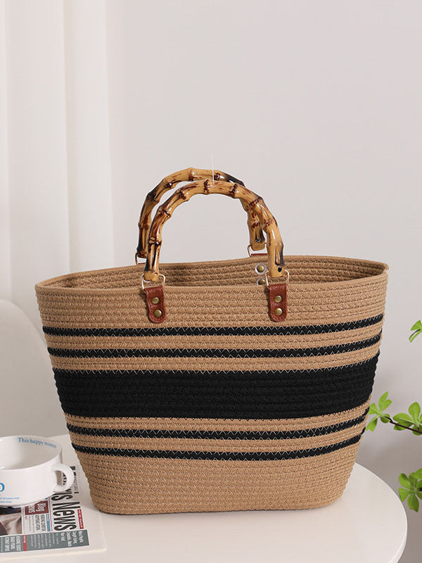 Bamboo Retro Straw Bag Striped Woven Handheld Beach Bag