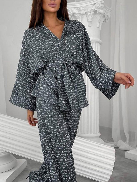 Loose Printed Cardigan Robe Home Wear Set