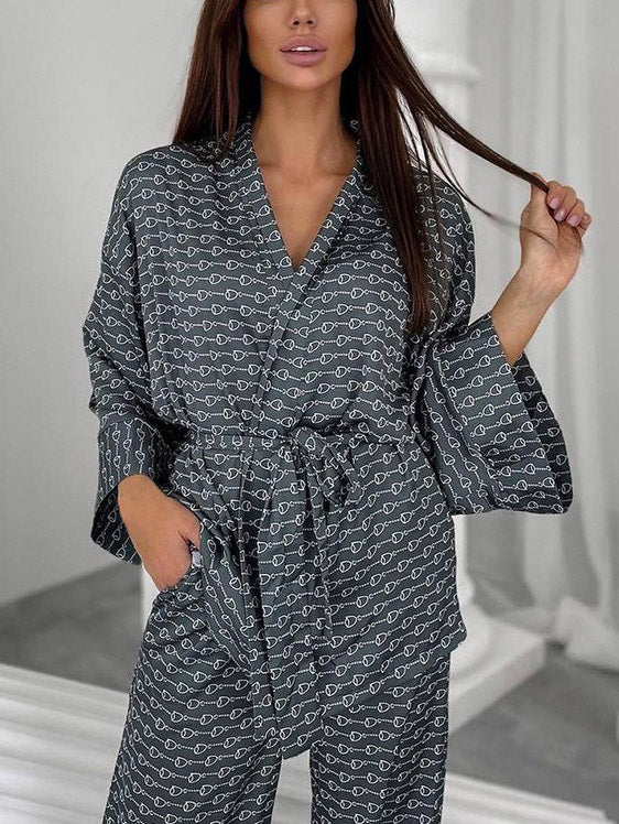 Loose Printed Cardigan Robe Home Wear Set