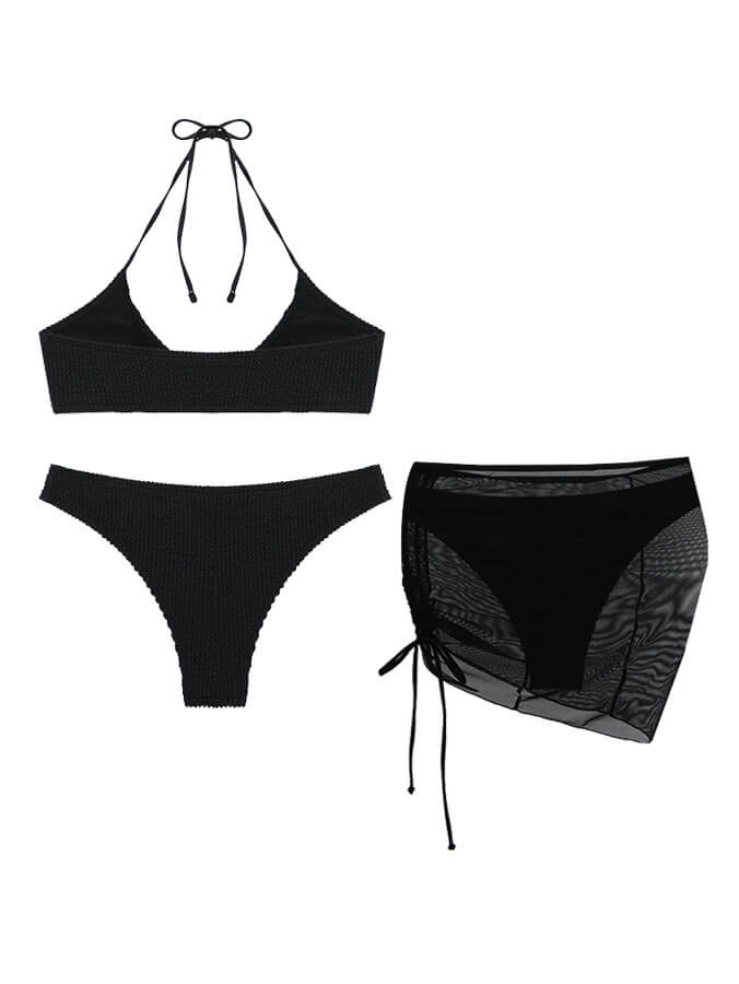 Costume da bagno bikini a tre pezzi sexy con scollo all'americana tinta unita