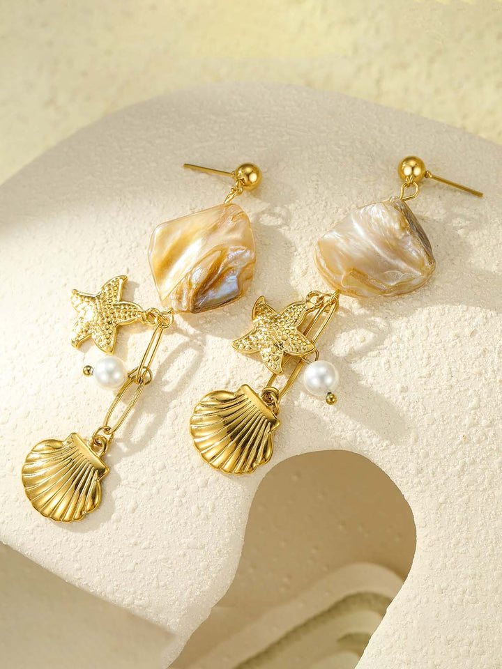 Shell And Starfish Pendant Tassel Pearl Earrings