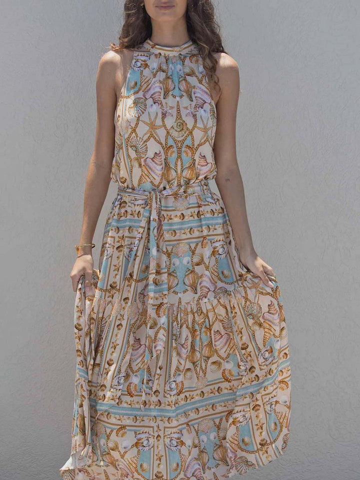 Exquisite Satin Ocean Treasure Print Maxi Dress