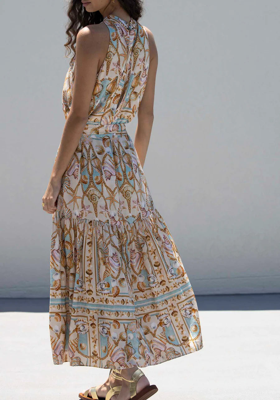 Exquisite Satin Ocean Treasure Print Maxi Dress