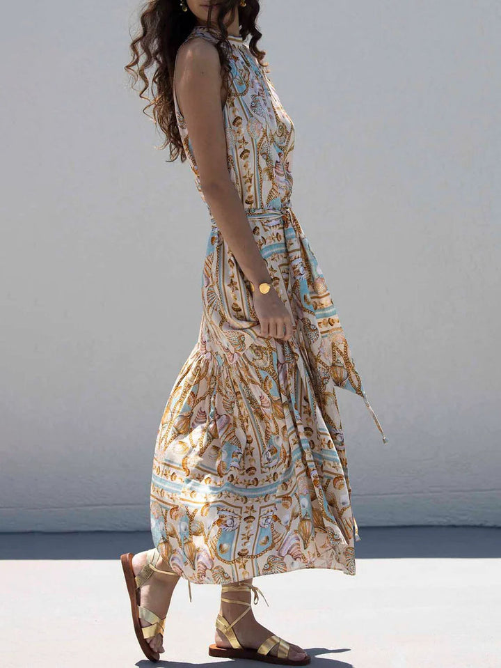 Exquisite Satin Ocean Treasure Print Maxi Dress