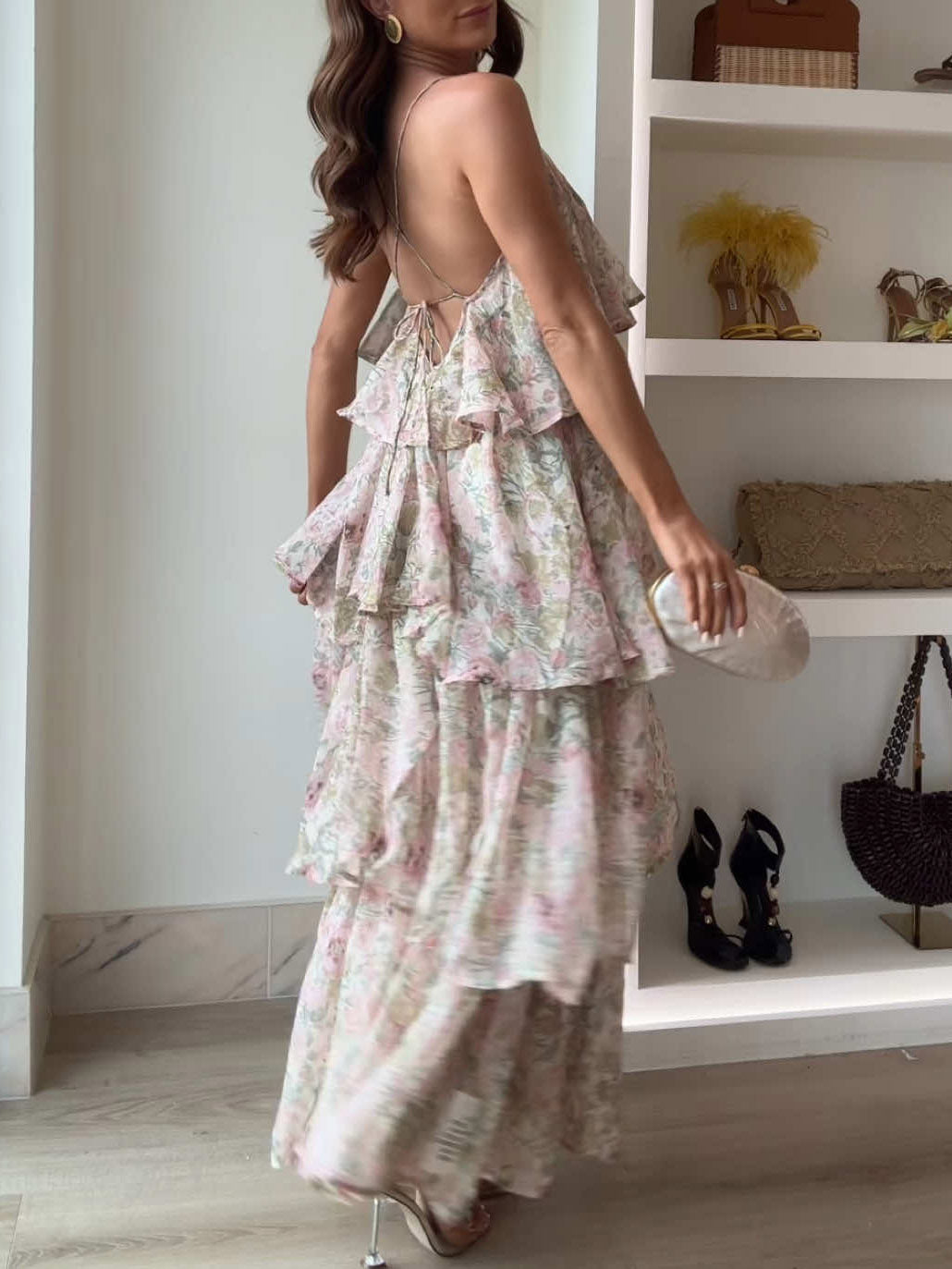 Elegant Floral Print Layered Flowy Sling Maxi Dress