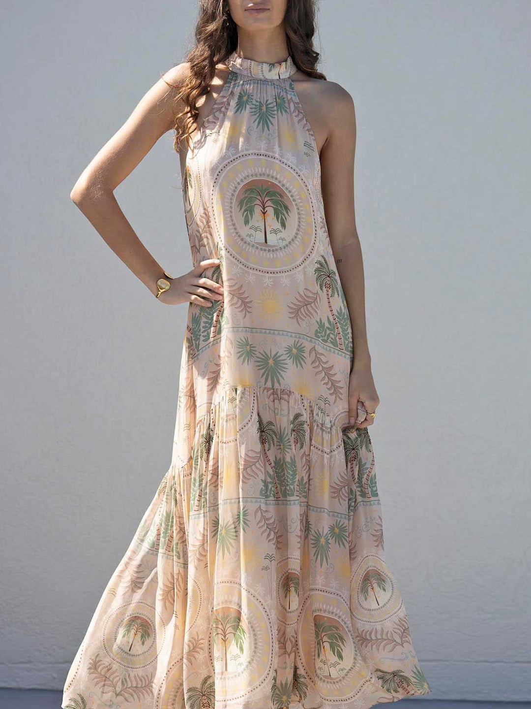 Exquisite Satin Holder Neck Palm Print Maxi Dress