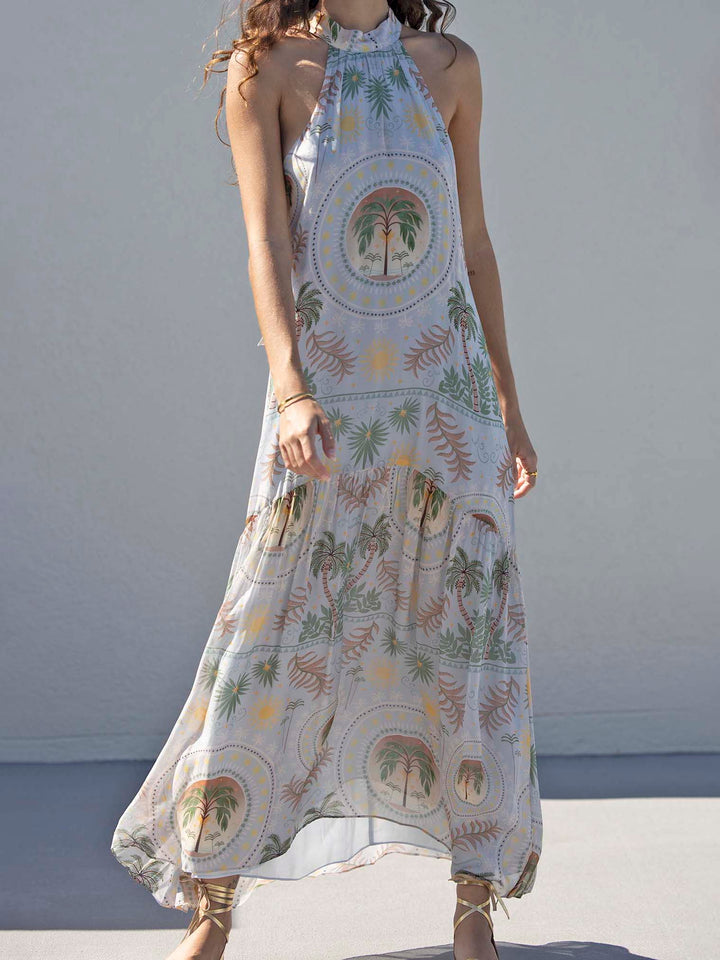 Exquisite Satin Holder Neck Palm Print Maxi Dress