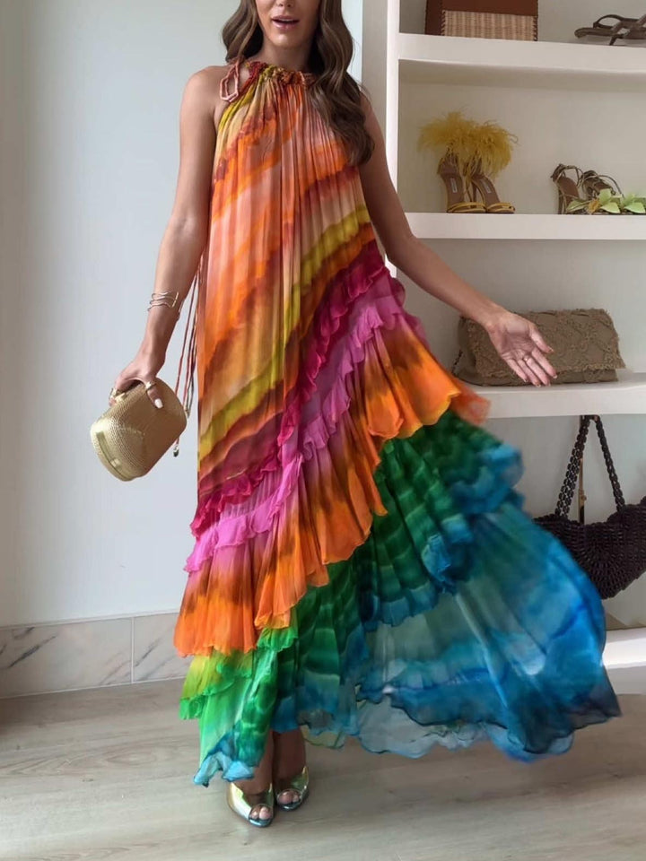 Unique Colorful Print Ruffle Maxi Dress