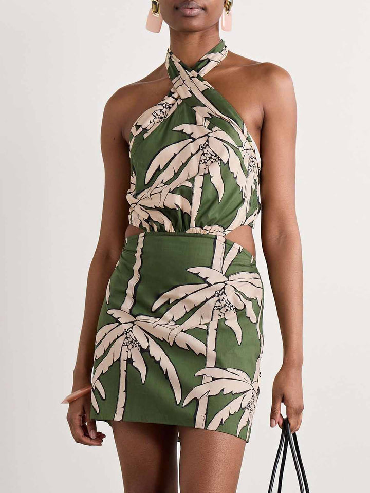 Vintage Palm Tree Floral Print Mini Dress