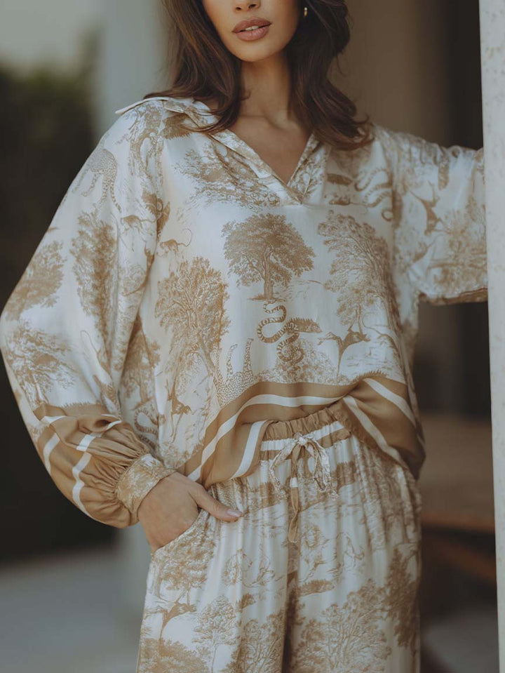 Satin Jungle Floral Print Loose Long Sleeve Top