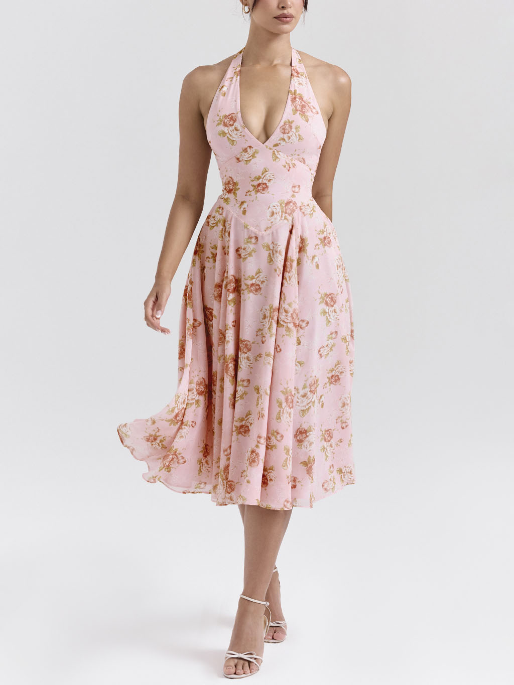 Robe midi rétro exquise à col en V et imprimé roses