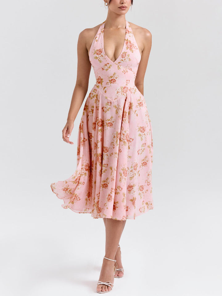 Robe midi rétro exquise à col en V et imprimé roses