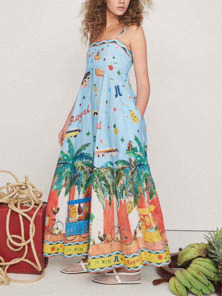 Unik Painted Island Print A-Line Midi-kjole