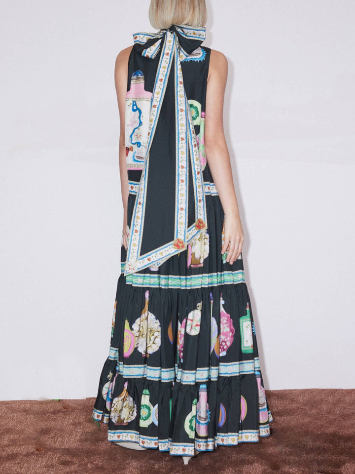 Unique Retro Fun Print Layered A-line Maxi Dress