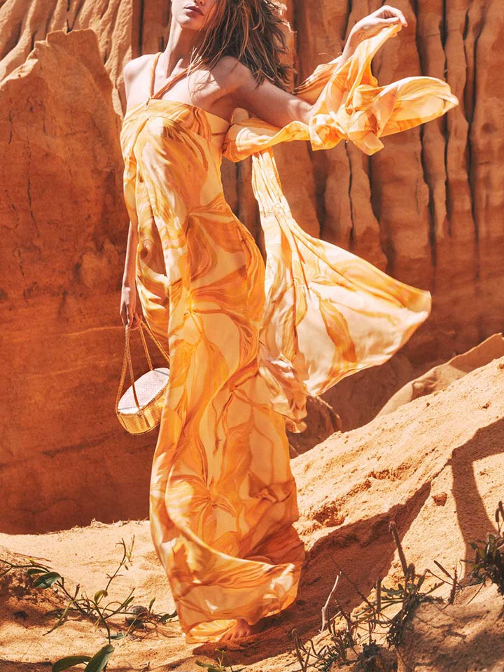 Unique Vibrant Amber Lily Print Flowy Maxi Dress