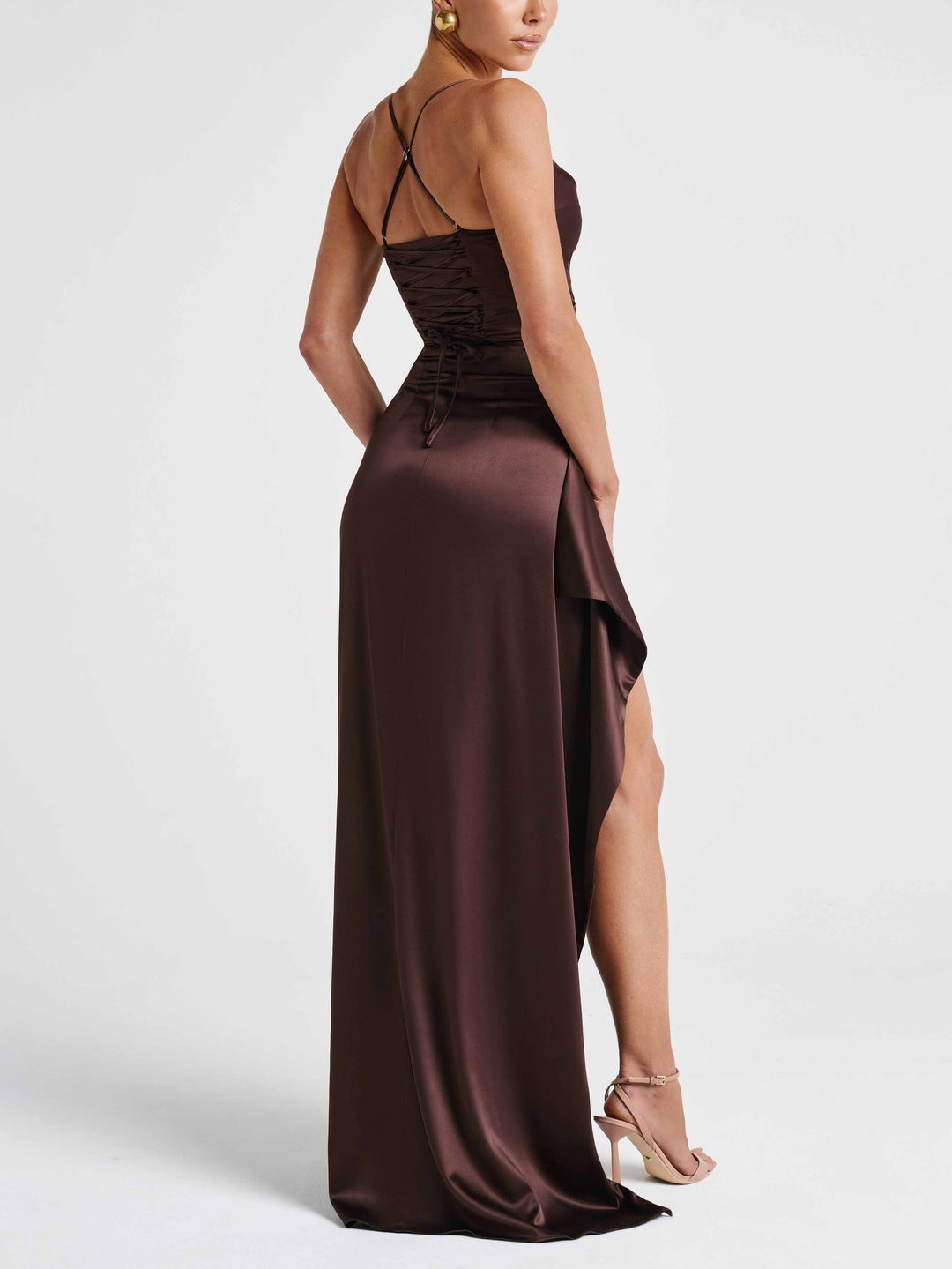Elegant Holder Neck Satin High Slit Maxi Dress