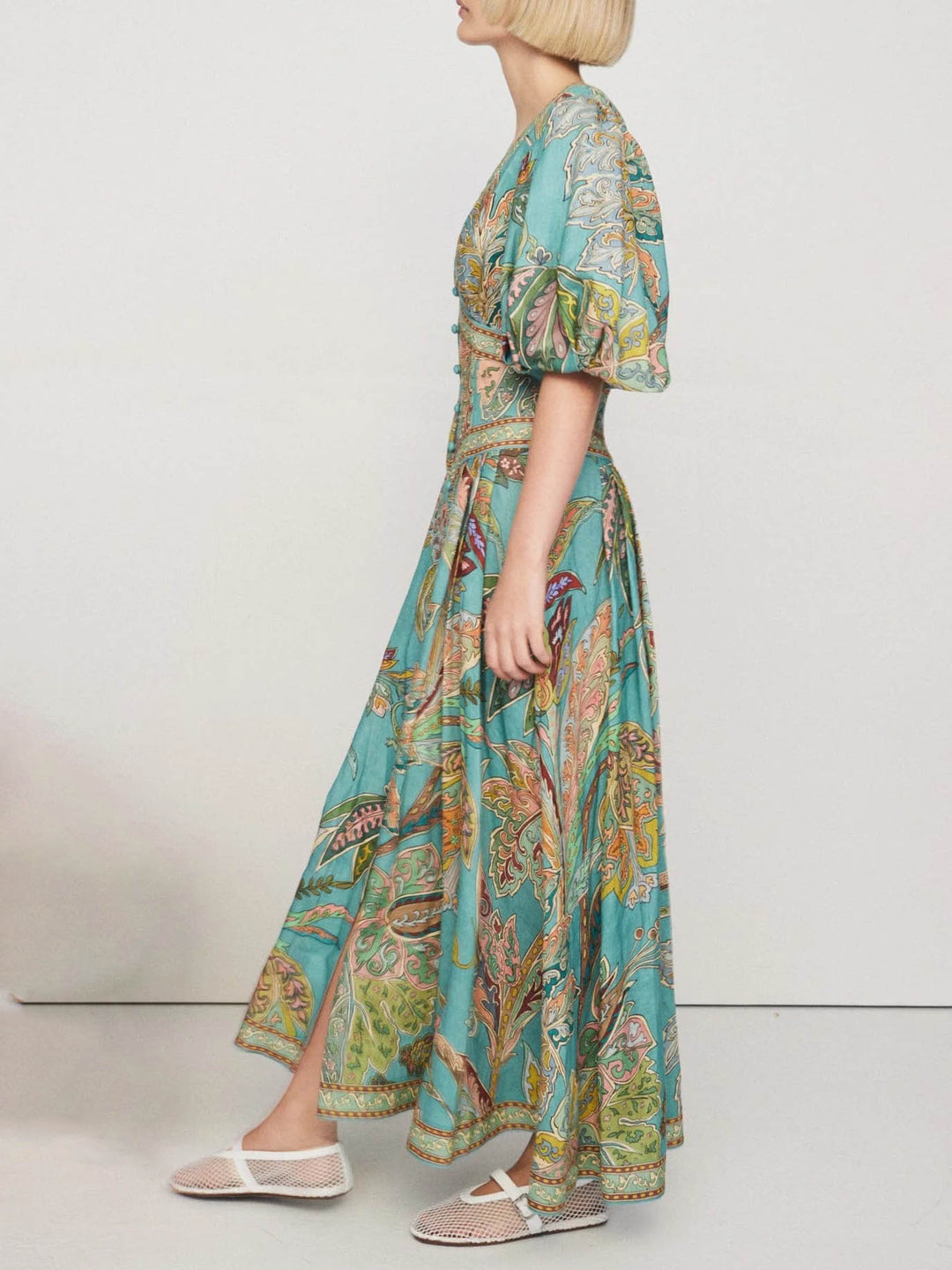 Unique Satin Vintage Floral Print Puff Sleeve Midi Dress