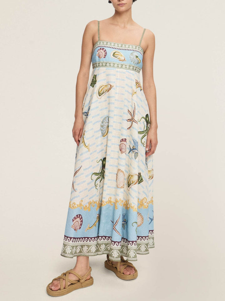 Unique Exquisite Deep Sea Floral Print Midi Dress