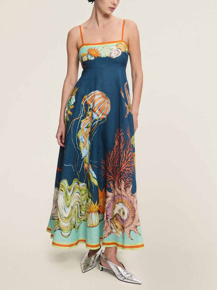 Unique Deep Sea Print Sling Midi Dress