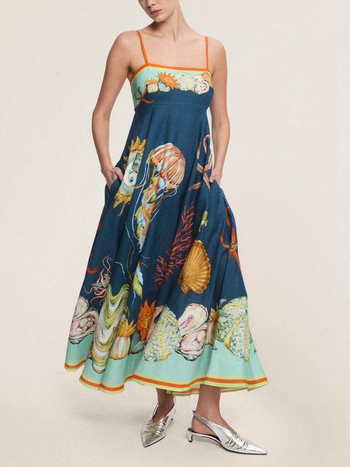 Unique Deep Sea Print Sling Midi Dress