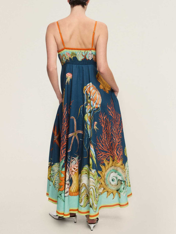 Unique Deep Sea Print Sling Midi Dress