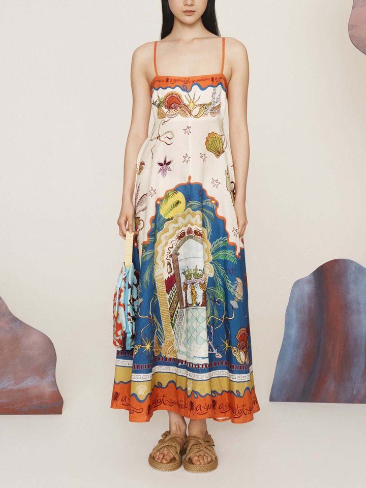 Summer Vacation Dreamy Ocean Print Sling Midi Dress