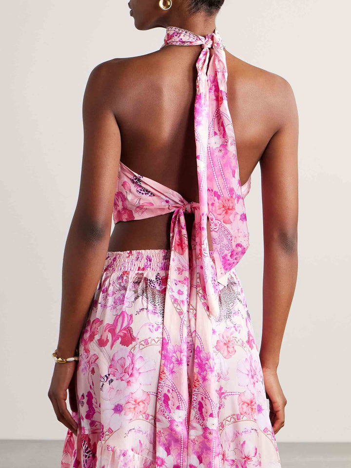 Elegant Butterfly Floral Print Maxi Skirt Two-Piece Set