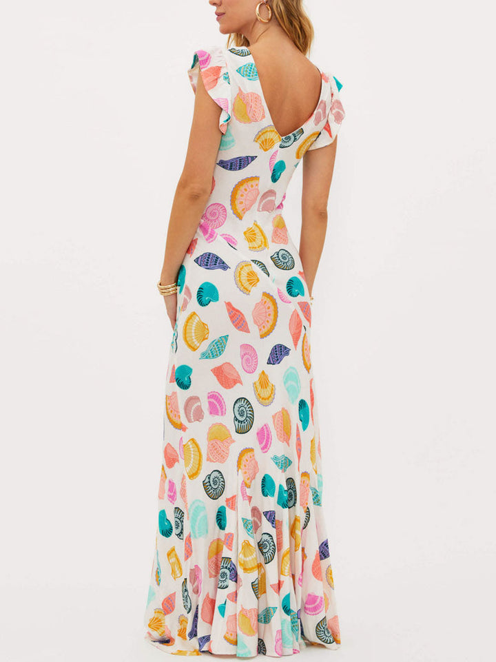 Exquisite Ocean Shell Print V-Neck Maxi Dress