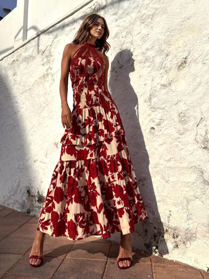 Casual Strapless Layered Floral Print Maxi Dress