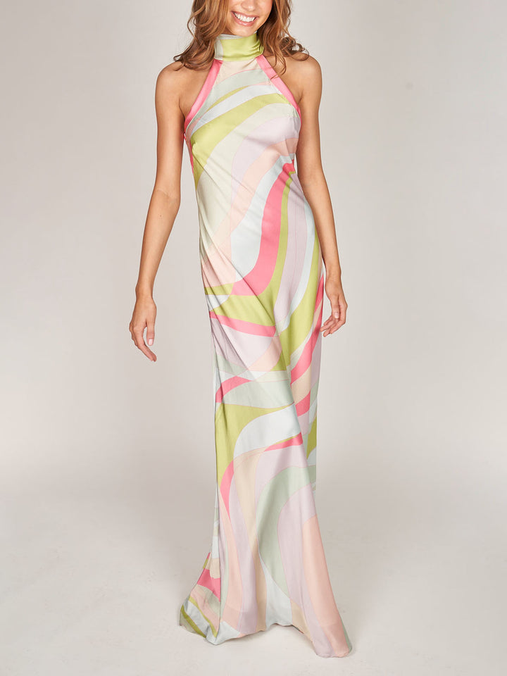 Exquisite Satin Dreamy Wave Print Maxi Dress