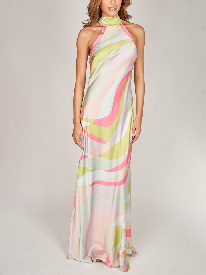 Exquisite Satin Dreamy Wave Print Maxi Dress