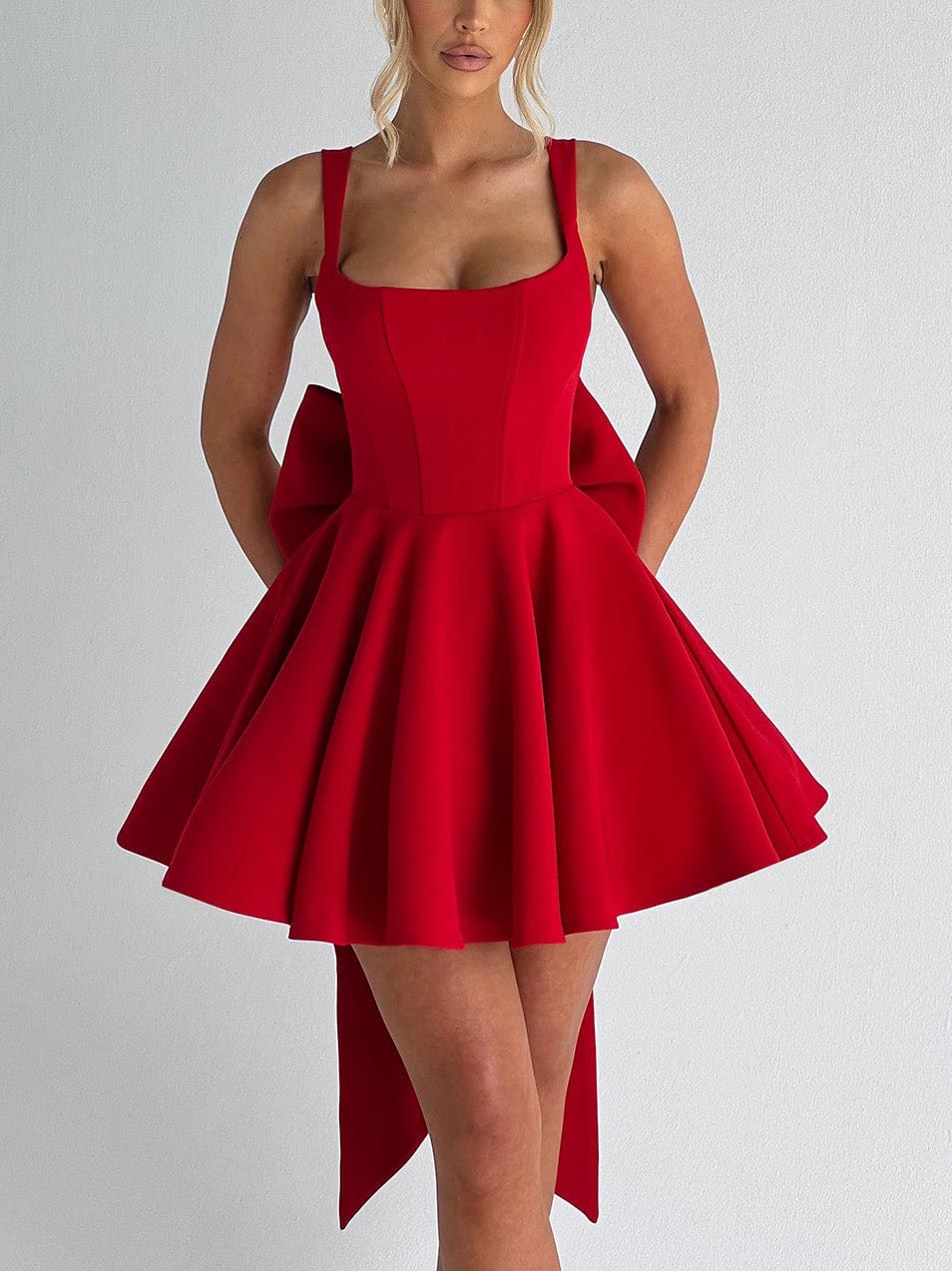 Elegant Square Neck Bow A-Line Mini Dress