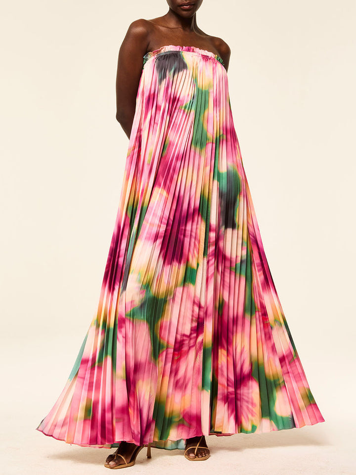Elegant Hibiscus Print Pleated Maxi Dress