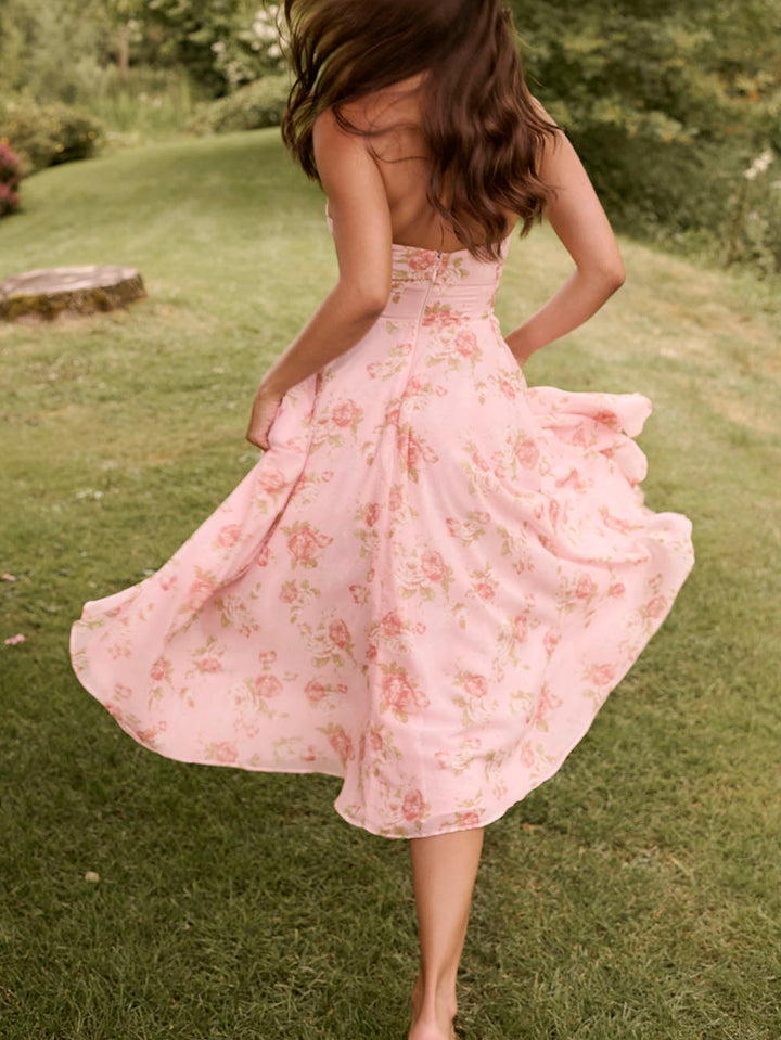 Robe midi rétro exquise à col en V et imprimé roses