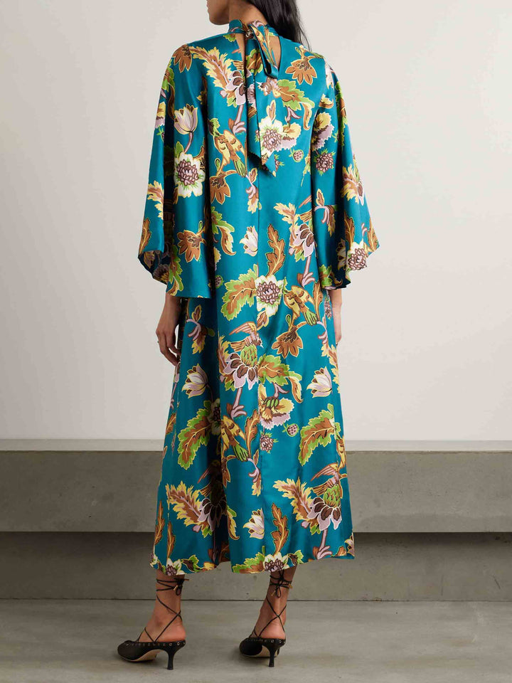 Exquisite Satin Garden Floral Print Trumpet Sleeve Maxi Dress
