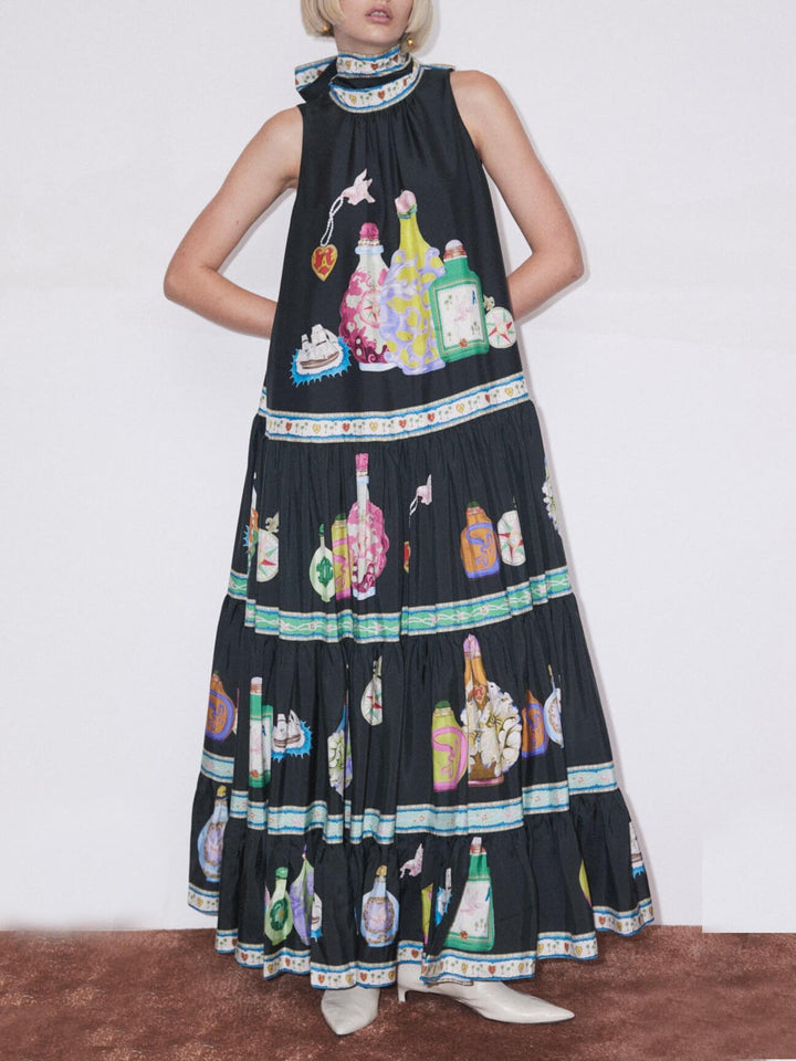 Unique Retro Fun Print Layered A-line Maxi Dress