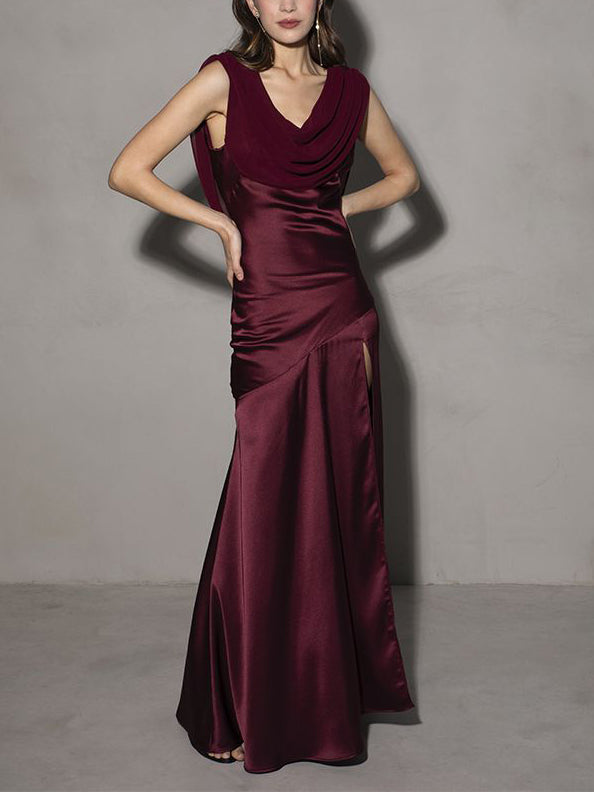 Elegant Drop Shoulder Satin Evening Maxi Dress