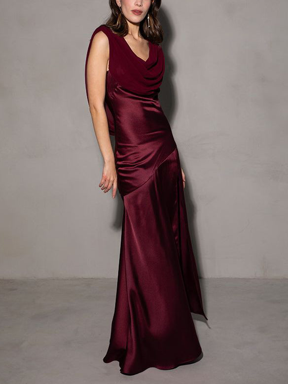 Elegant Drop Shoulder Satin Evening Maxi Dress