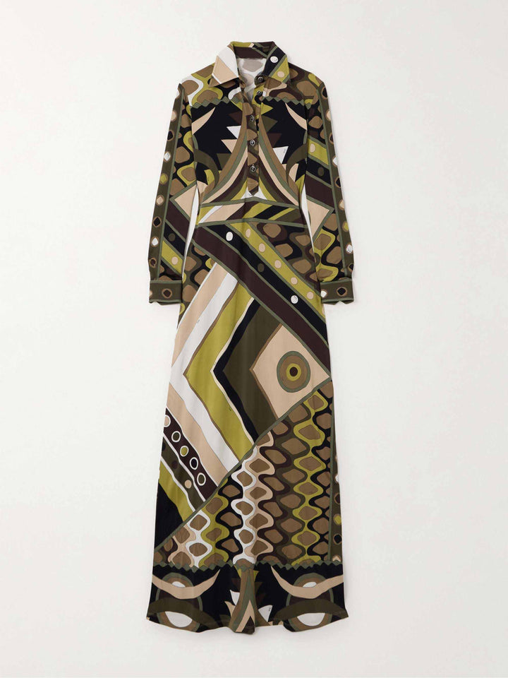 Retro Personality Abstract Print Long Sleeve Maxi Dress