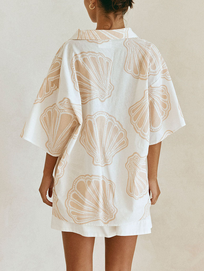 Exquisite Casual Scallop Print Shirt Skirt Two-piece Set