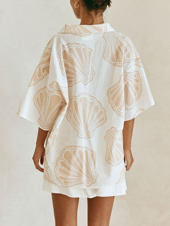 Exquisite Casual Scallop Print Shirt Skirt Two-piece Set